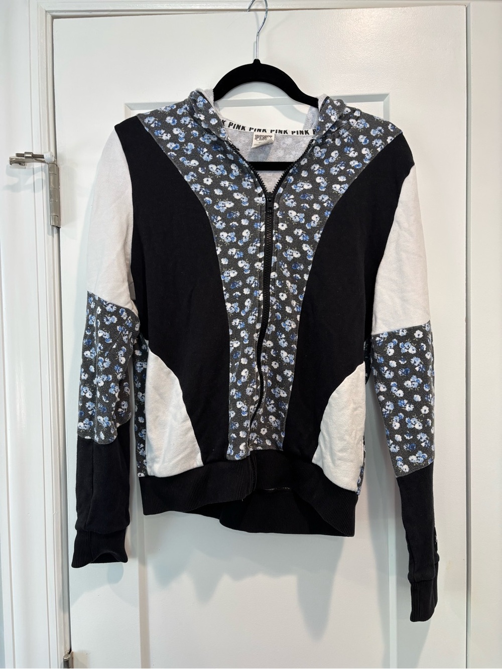 PINK Victoria's Secret Black, White & Blue Floral Zip Hoodie